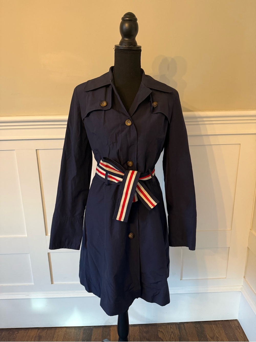 Tommy Hilfiger Navy Trench Coat with Striped Belt
